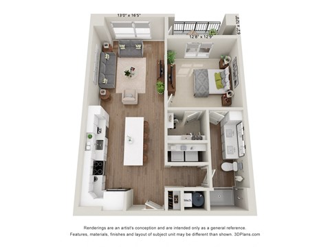 Floor plan for 1 bed, 1 bath, 845 sqft